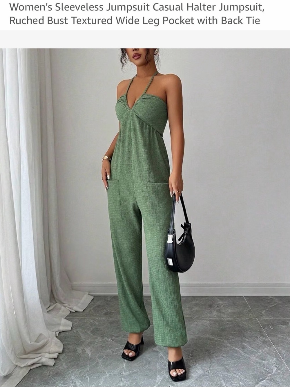 Sleeveless Halter Wide-Leg Jumpsuit in Olive Green